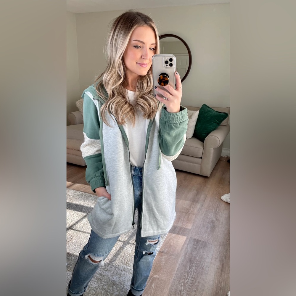 Hem & Thread | Quilted Sleeve Zip-up Hoodie in Sage - Picture 3 of 10
